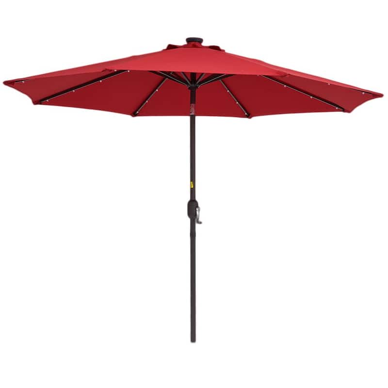 9 ft. Steel Crank Market Umbrella with Outdoor Solar Powered LED Lighted in Red